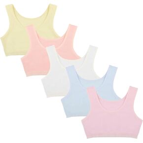 Donella Girls Training Bras - Soft Cotton Kids Sports Bra, 5 Pack Crop Tops, Age: 4-11