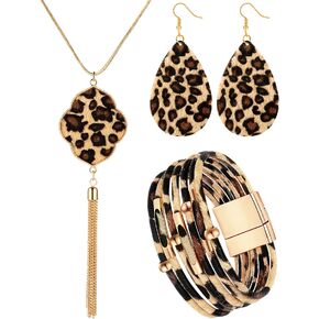 Hicarer 3 Pieces Leopard Earrings Bracelets Women Jewelry Bohemia Earrings Necklace Cheetah Set Multilayer Leather Cuff Boho for Girls Large Wrists Cosplay Party Costume Accessories