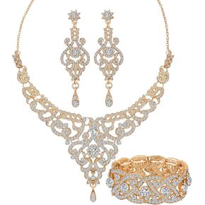 Paxuan Silver Gold Plated Wedding Jewelry Sets Bridal Necklace Rhinestone Earrings Bracelets