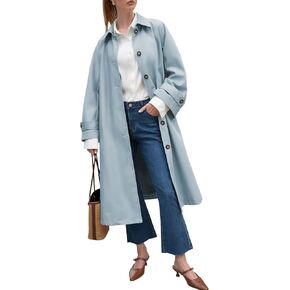 معطف Byinns النسائي 2023 معطف كلاسيكي طويل بأزرار سفلية معطف خريفي أنيق ذو طية صدر السترة معطف نحيف مع حزام ملابس خارجية in Kuwait