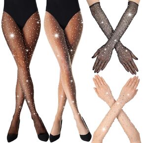 Vicenpal 4 Pairs Rhinestone Fishnet Long Gloves Fishnet Stockings Set Bling Mesh Arm Sleeves Stockings 1920s Accessories