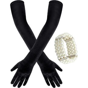 Zhanmai 3 Pieces Velvet Gloves and Pearl Bracelet Set 1920s Women Long Velvet Glove Opera Glove for Evening Party 20s Cosplay