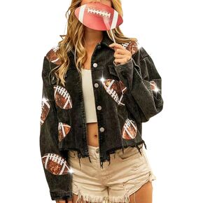 SeekMe Women's Cropped Corduroy Jacket Football Sequin Patched Short Button Raw Hem Jacket Coat in Saudi Arabia