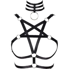 Women's Body Pentagram Harness Carnival Halloween Bra Lingerie Punk Gothic Belt Cage Festival Rave Dance Accessories Festival Rave Apparel (Black)