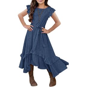 MITILLY Girls Loose Plain 3/4 Sleeve Casual Pocket Ruffle Swing Long Maxi Dress with Belt in Saudi Arabia