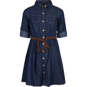 dollhouse Girls' Denim Dress - Belted Long Sleeve Roll-Up Soft Denim Jean Dress (Size: 7-16)