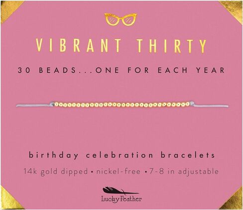 Lucky Feather 30th Birthday Gifts for Women; 30th Birthday Bracelet with 30 14K Gold Dipped Beads on Adjustable Cord; 30 Birthday Gift Ideas for Her in Kuwait