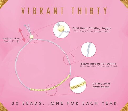 Lucky Feather 30th Birthday Gifts for Women; 30th Birthday Bracelet with 30 14K Gold Dipped Beads on Adjustable Cord; 30 Birthday Gift Ideas for Her in Kuwait