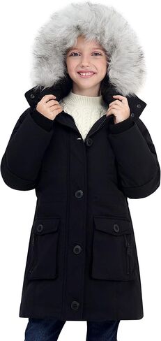 maoo garden Girls Winter Coats Heavyweight Waterproof Jacket Mid-Length Fur Hooded Parka in Kuwait