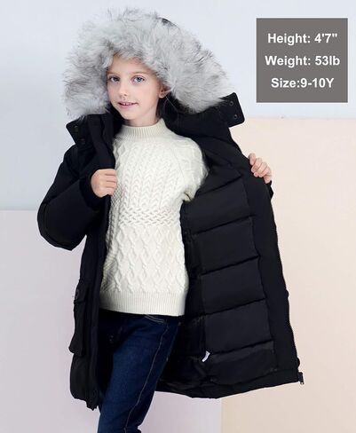 maoo garden Girls Winter Coats Heavyweight Waterproof Jacket Mid-Length Fur Hooded Parka in Kuwait