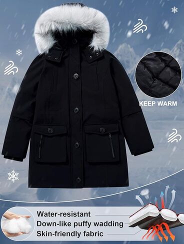maoo garden Girls Winter Coats Heavyweight Waterproof Jacket Mid-Length Fur Hooded Parka in Kuwait