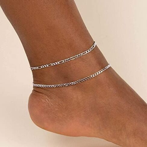 سوار الكاحل من الفضة الإسترلينية عيار 925 من ChicSilver للنساء، خلخال سلسلة كوبية متينة بسيطة/فيجارو/تويست لحفلات الشاطئ (مع صندوق هدايا) in Kuwait
