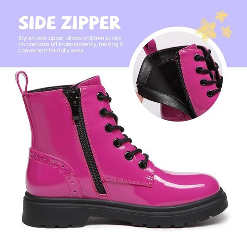 Athlefit Boys Girls Waterproof Combat Boots Lace Up Side Zipper Rose Patent Ankle Booties for Toddler Size 8 in Saudi Arabia