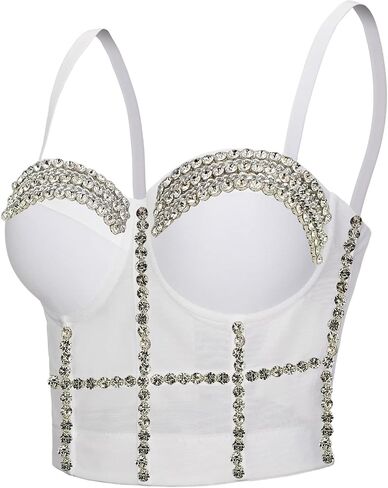 Women's Handmade Rhinestone Diamond Push up Bustier Crop Top Punk Corset Bra Vest in Kuwait