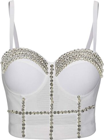 Women's Handmade Rhinestone Diamond Push up Bustier Crop Top Punk Corset Bra Vest in Kuwait