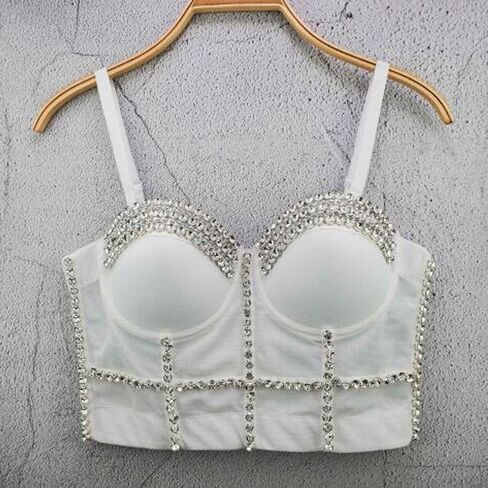 Women's Handmade Rhinestone Diamond Push up Bustier Crop Top Punk Corset Bra Vest in Kuwait