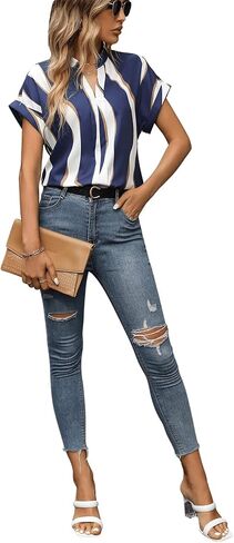 بلوزة نسائية من SOLY HUX ذات ألوان متباينة ورقبة على شكل حرف V وأكمام قصيرة للعمل المكتبي in Kuwait