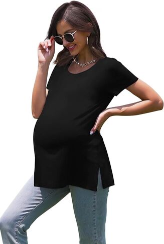 WOOXIO Women's Maternity Shirts Short Sleeve Split Hem Pregnancy Tops Clothes in Saudi Arabia