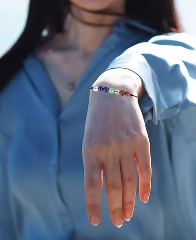 Ronglry Crystal Bracelet for Women Men Healing Crystal Bead Bracelet Amethyst 7 Chakra Bracelets Spiritual Anxiety Reiki Real Crystal Beads Healing Crystal Jewelry with Meaning Card in Saudi Arabia