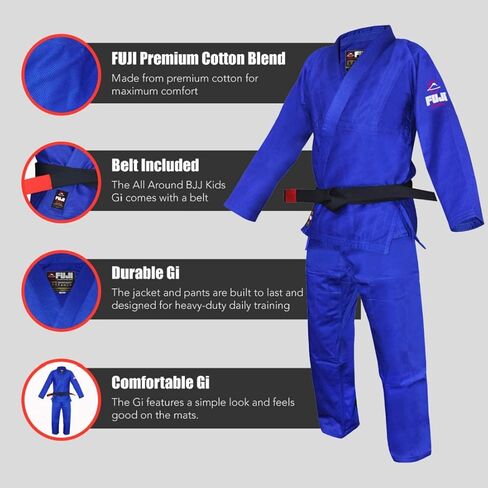 FUJI Kids All-Around Brazilian Style Jiu Jitsu Uniform with C0-Sized White Belt, Blue, Size C1 in Saudi Arabia