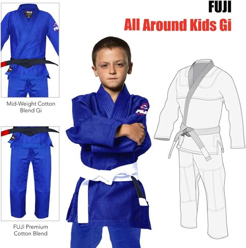 FUJI Kids All-Around Brazilian Style Jiu Jitsu Uniform with C0-Sized White Belt, Blue, Size C1 in Saudi Arabia