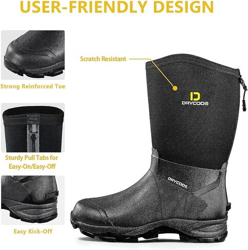أحذية DRYCODE المطاطية للرجال، أحذية المطر من النيوبرين بطول 5.5 مم، أحذية صيد متينة مقاومة للماء (أسود، مقاس 13) in Kuwait