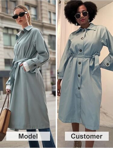 معطف Byinns النسائي 2023 معطف كلاسيكي طويل بأزرار سفلية معطف خريفي أنيق ذو طية صدر السترة معطف نحيف مع حزام ملابس خارجية in Kuwait