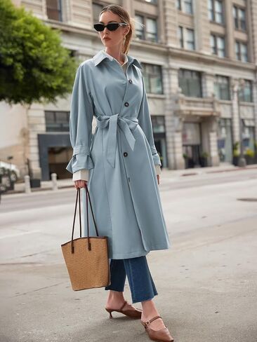 معطف Byinns النسائي 2023 معطف كلاسيكي طويل بأزرار سفلية معطف خريفي أنيق ذو طية صدر السترة معطف نحيف مع حزام ملابس خارجية in Kuwait