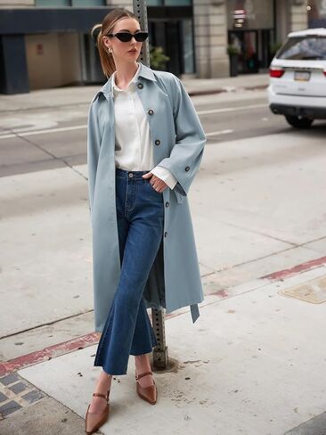 معطف Byinns النسائي 2023 معطف كلاسيكي طويل بأزرار سفلية معطف خريفي أنيق ذو طية صدر السترة معطف نحيف مع حزام ملابس خارجية in Kuwait