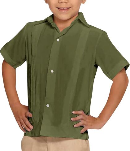 قمصان أطفال أولادي من الكتان Guayabera بأكمام قصيرة وأزرار سفلية وياقة منتشرة للصيف، قمصان كوبية سادة سادة in Kuwait