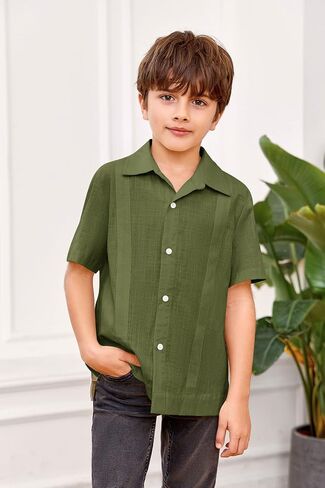 قمصان أطفال أولادي من الكتان Guayabera بأكمام قصيرة وأزرار سفلية وياقة منتشرة للصيف، قمصان كوبية سادة سادة in Kuwait