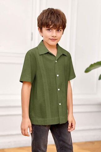 قمصان أطفال أولادي من الكتان Guayabera بأكمام قصيرة وأزرار سفلية وياقة منتشرة للصيف، قمصان كوبية سادة سادة in Kuwait