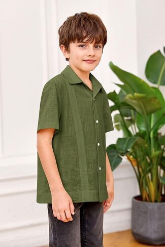 قمصان أطفال أولادي من الكتان Guayabera بأكمام قصيرة وأزرار سفلية وياقة منتشرة للصيف، قمصان كوبية سادة سادة in Kuwait