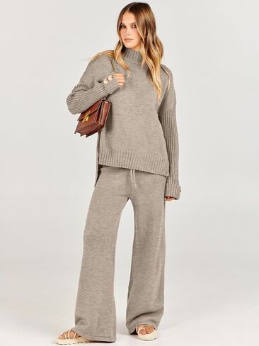 Caracilia Women's Two Piece Outfits Sweater Sets 2 Piece Long Sleeve Knit Pullover Tops Wide Leg Pants 2023 Fall Lounge Sets in Kuwait