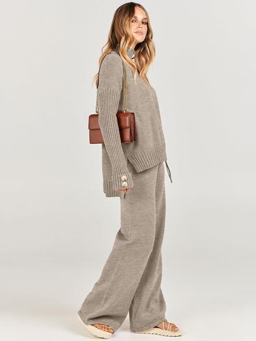 Caracilia Women's Two Piece Outfits Sweater Sets 2 Piece Long Sleeve Knit Pullover Tops Wide Leg Pants 2023 Fall Lounge Sets in Kuwait