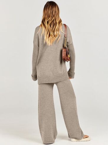 Caracilia Women's Two Piece Outfits Sweater Sets 2 Piece Long Sleeve Knit Pullover Tops Wide Leg Pants 2023 Fall Lounge Sets in Kuwait