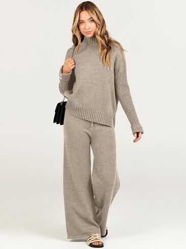 Caracilia Women's Two Piece Outfits Sweater Sets 2 Piece Long Sleeve Knit Pullover Tops Wide Leg Pants 2023 Fall Lounge Sets in Kuwait