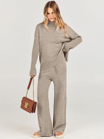 Caracilia Women's Two Piece Outfits Sweater Sets 2 Piece Long Sleeve Knit Pullover Tops Wide Leg Pants 2023 Fall Lounge Sets in Kuwait