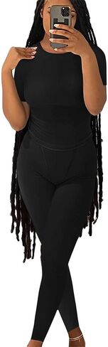 ZFLM Casual Workout Two Piece Outfits for Women Fitted Crew Neck T-shirt High Waist pants Matching Sets Streetwear in Saudi Arabia