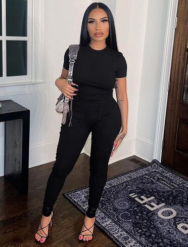 ZFLM Casual Workout Two Piece Outfits for Women Fitted Crew Neck T-shirt High Waist pants Matching Sets Streetwear in Saudi Arabia