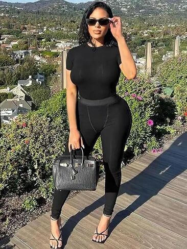 ZFLM Casual Workout Two Piece Outfits for Women Fitted Crew Neck T-shirt High Waist pants Matching Sets Streetwear in Saudi Arabia