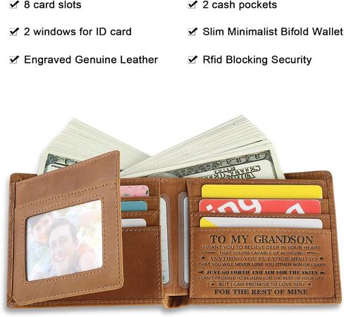 محفظة جلدية محفورة لحفيد RFID حجب محفظة شخصية للرجال ضئيلة الحد الأدنى محفظة الجيب الأمامي ثلاثية الطي مع هدية مشبك المال لعيد ميلاد التخرج للحفيد (لحفيدي) in Saudi Arabia