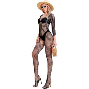 LUCKELF Womens Snake Fishnet Bodystocking Jumpsuit Sexy Mesh Tights Lingerie One Piece Long Sleeve Bodysuit in Saudi Arabia
