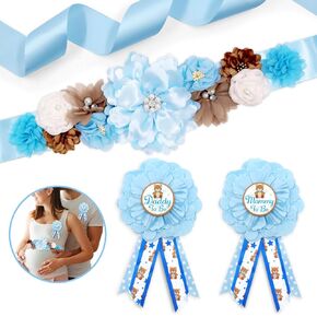Vansolinne Blue Teddy Bear Maternity Sash Mom to Be & Daddy to Be Corsage Pin Set for Bear Baby Shower Maternity Photography Keepsake Gifts Pregnancy Flower Belly Belt Gender Reveal Souvenir Supplies