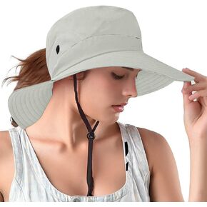 Rosoz Ponytail Sun Bucket Hats for Women UV Protection Foldable Mesh Wide Brim Hiking Beach Fishing Summer Safari