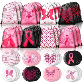 Sweetude 48 Pcs Breast Cancer Awareness Drawstring Bag and Pink Ribbon Buttons Badge Decorations, Breast Cancer Awareness Bulk Items Round Breast Cancer Badge Pin Drawstring Backpack for Women Girls in Kuwait