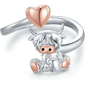 Highland Cow Open Ring 925 Sterling Silver Adjustable Cute Cow Open Rings with Loving Heart Cow Jewelry Gift for Women Girl