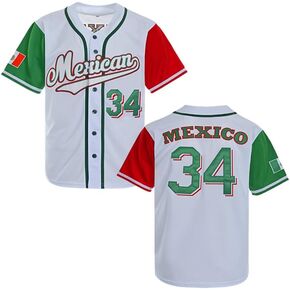 Men's Mexico 34 Button Down Jersey Short Sleeve Hipster 80S 90S Hip Hop Baseball Jersey