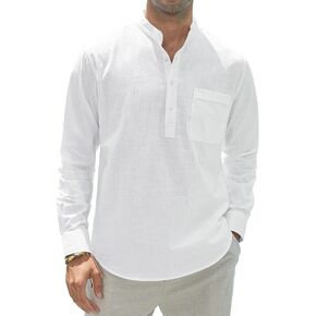J.VER Men's Cotton Linen Shirts Casual Long Sleeve Henley Shirt Hippie Beach Tops Vacation T Shirts with Pocket