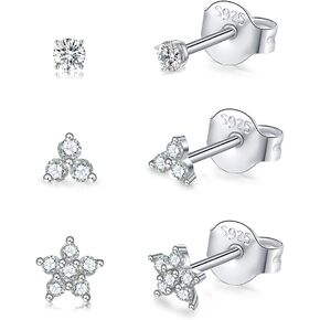 Sterling Silver Stud Earrings for Women, Tiny Flower Earrings Set | Small Cubic Zirconia Helix Earrings Dainty Tragus Cartilage Studs Cherry Blossom Ear Piercing Jewelry Gifts for Girls Teens